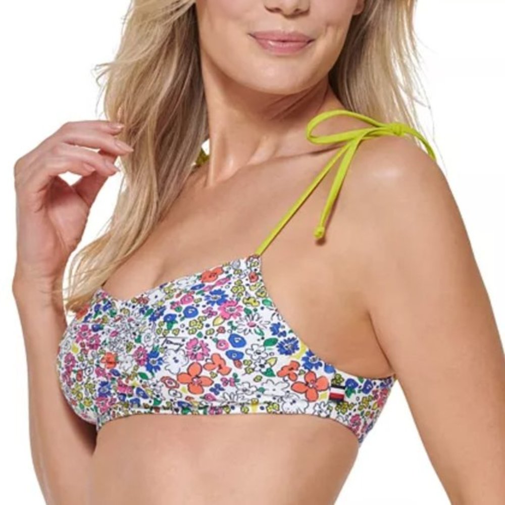 Tommy‎ Hilfiger Penelope Floral Tie-Strap Bralette Bikini Top Soft White M